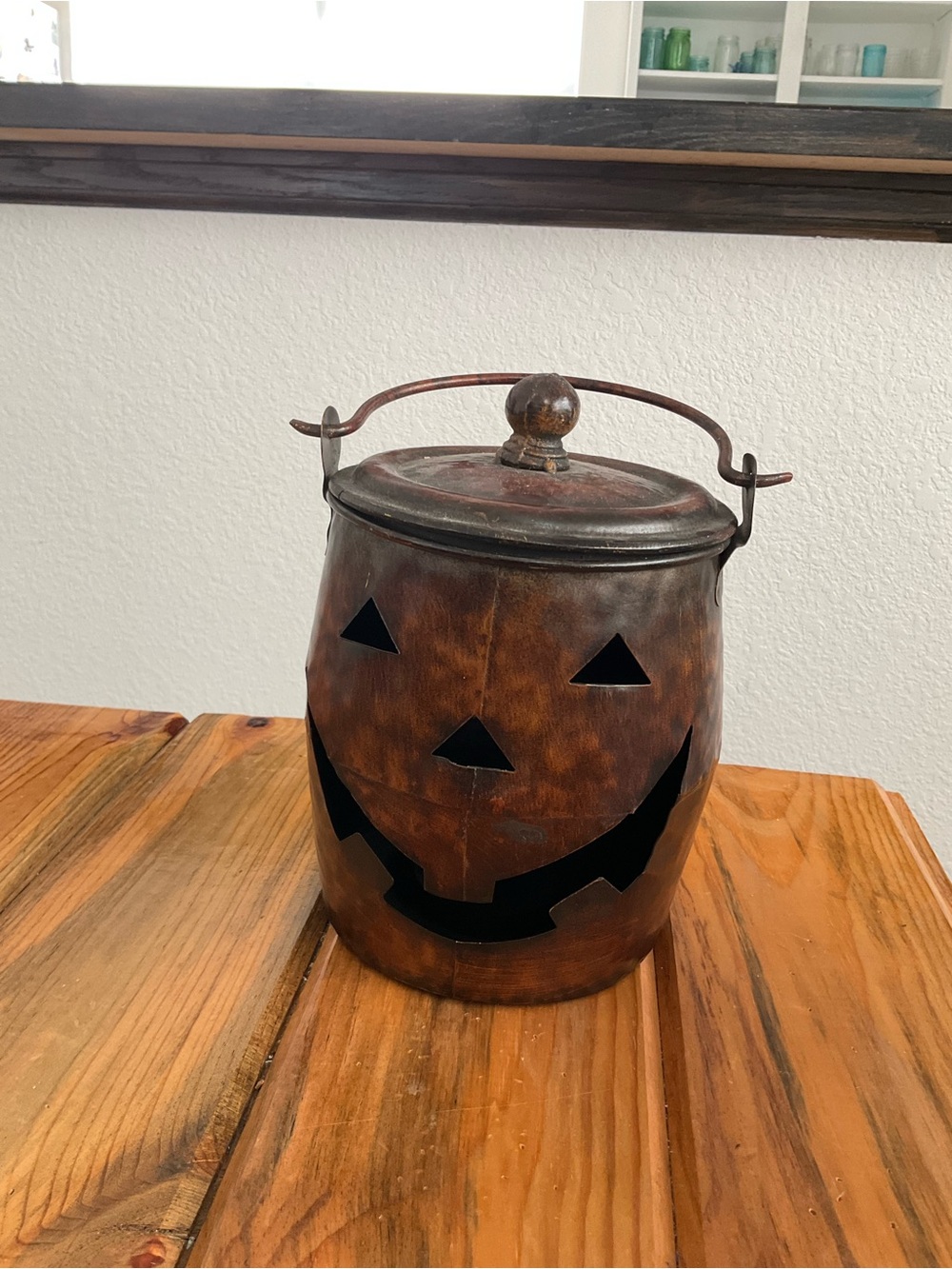 Seasonal Rustic Brown Jack-o'-Lantern Lantern with Handle